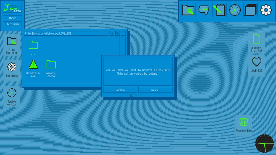 The uninstall dialog: "Are you sure you want to uninstall LOVE.EXE?"