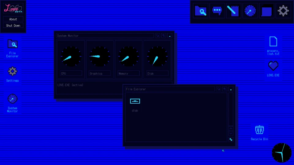 The desktop later on, with System Monitor and File Explorer
