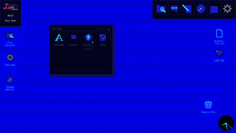 The Settings window: Language, Display, Accessibility and Sound